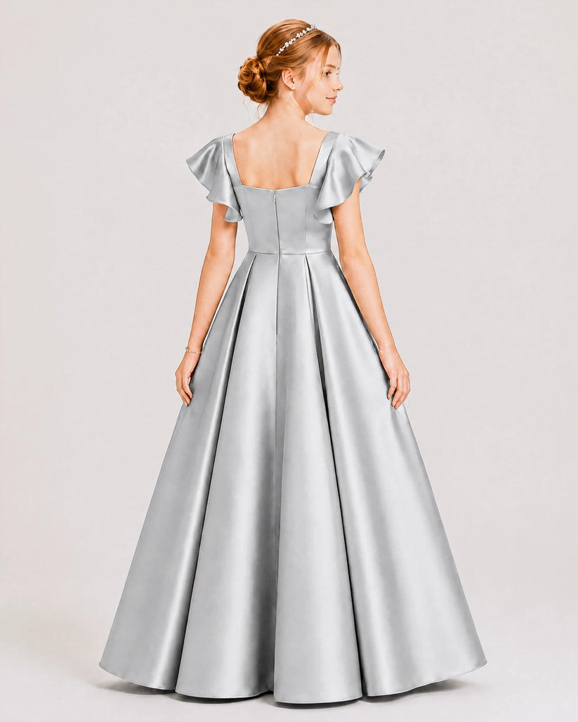 Silver Satin A-line Junior Bridesmaid Dress Back View