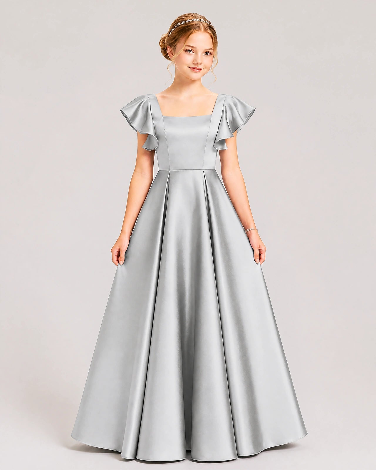 Dideyttawl Sage Green Junior Bridesmaid Satin Dress Ruffle Sleeve Ball Gown