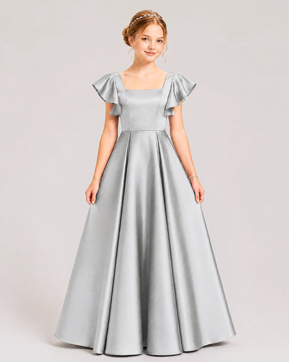 Dideyttawl Sage Green Junior Bridesmaid Satin Dress Ruffle Sleeve Ball Gown