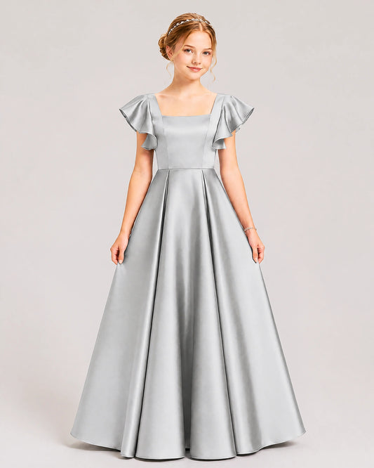 Silver Satin A-line Junior Bridesmaid Dress Front View