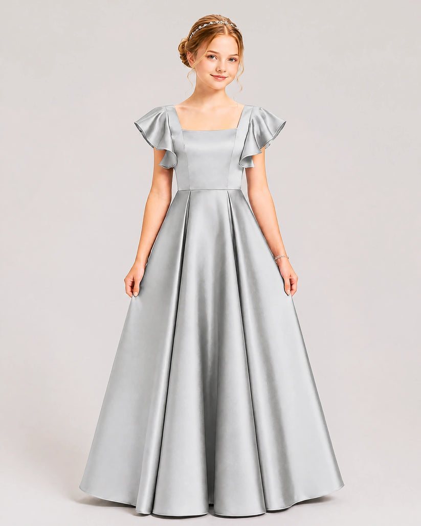 Silver Satin A-line Junior Bridesmaid Dress Front View