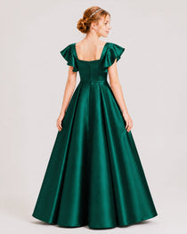 Dideyttawl Sage Green Junior Bridesmaid Satin Dress Ruffle Sleeve Ball Gown