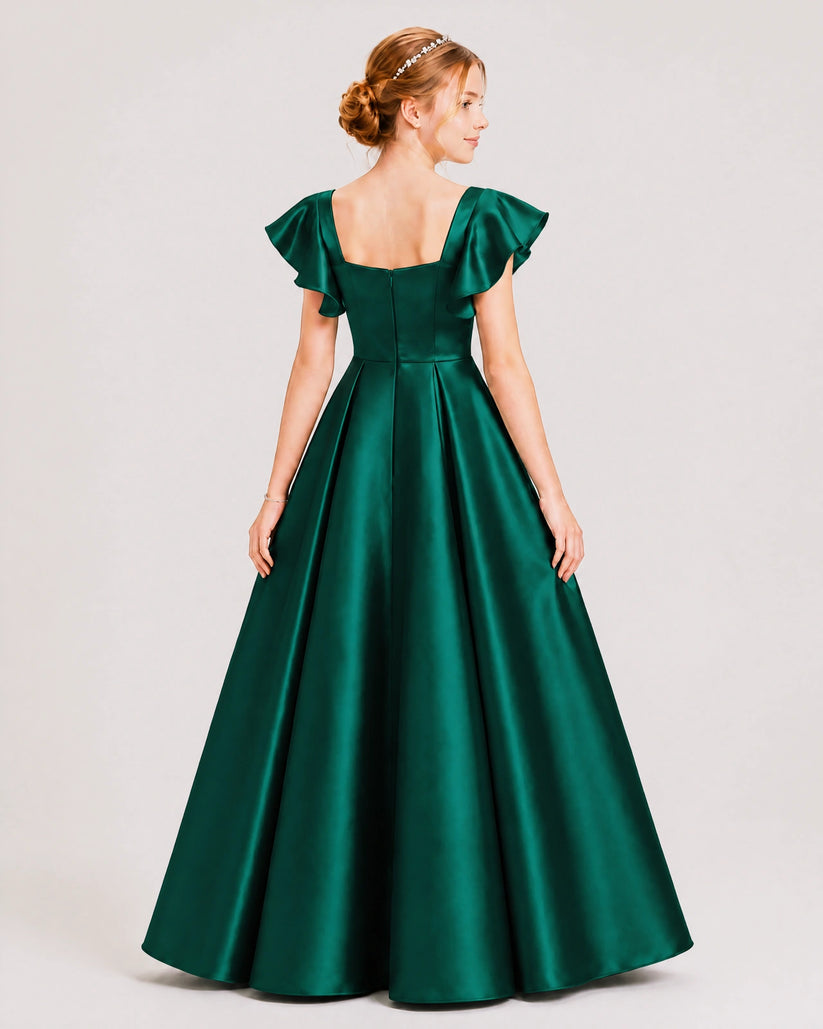 Dark Green Satin A-line Junior Bridesmaid Dress Back View
