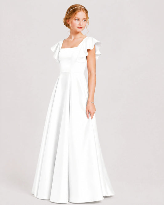 White Satin A-line Junior Bridesmaid Dress Front View