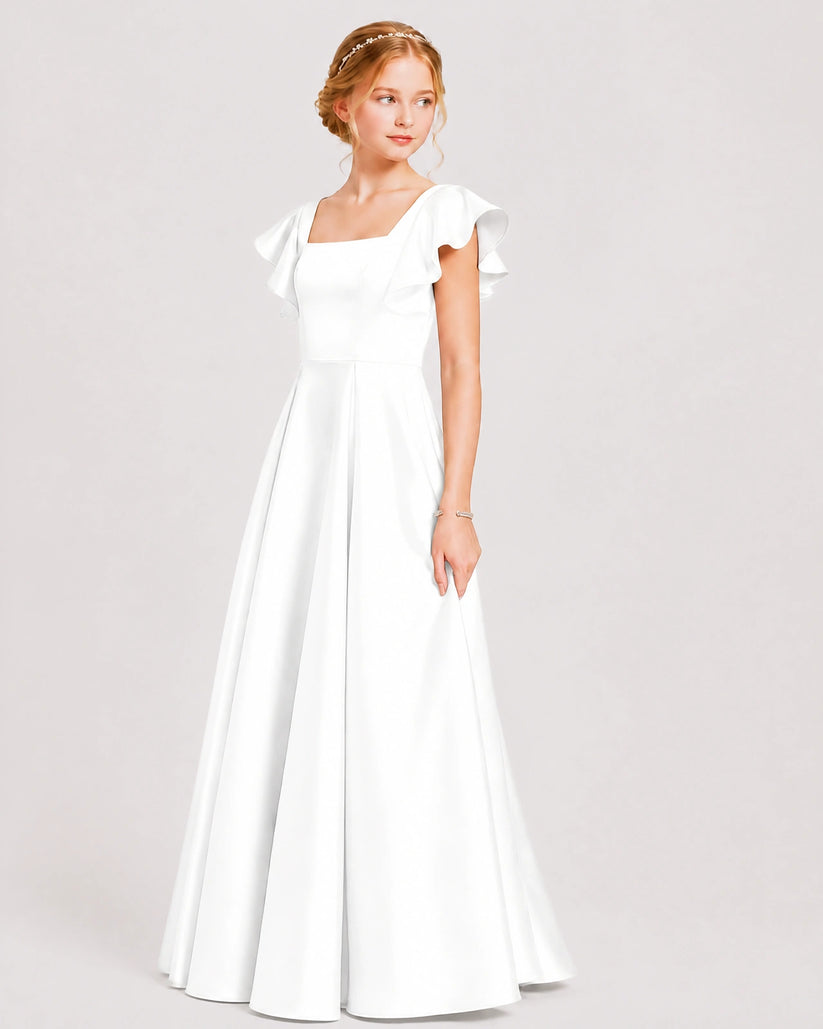 White Satin A-line Junior Bridesmaid Dress Front View