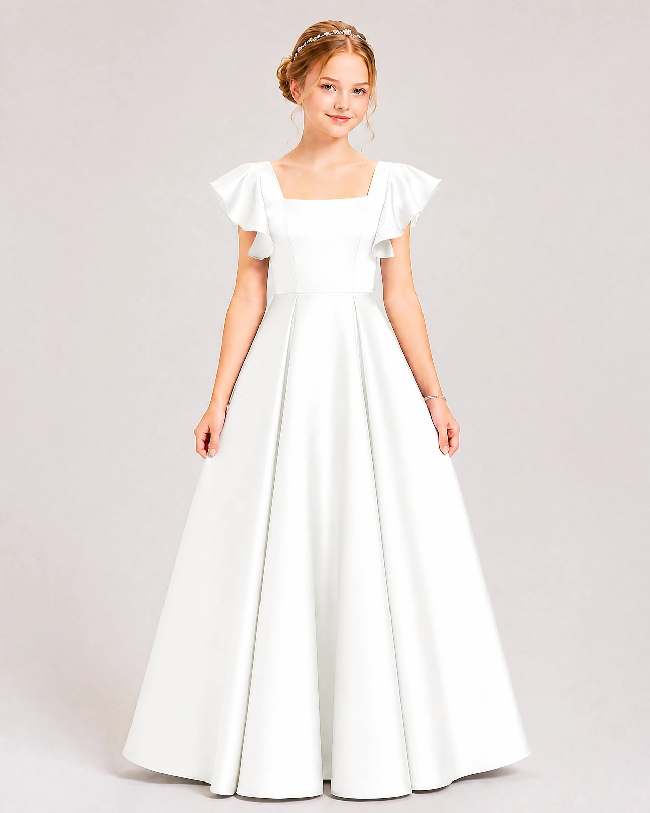 Dideyttawl Sage Green Junior Bridesmaid Satin Dress Ruffle Sleeve Ball Gown