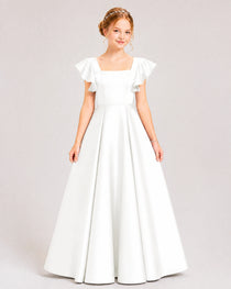 Dideyttawl Sage Green Junior Bridesmaid Satin Dress Ruffle Sleeve Ball Gown