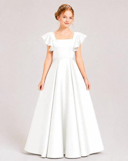 Dideyttawl Sage Green Junior Bridesmaid Satin Dress Ruffle Sleeve Ball Gown