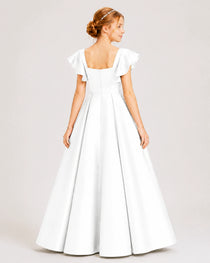 Dideyttawl Sage Green Junior Bridesmaid Satin Dress Ruffle Sleeve Ball Gown