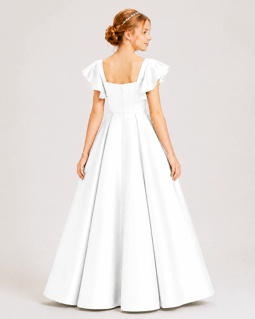 White Satin A-line Junior Bridesmaid Dress Back View