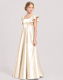 Dideyttawl Sage Green Junior Bridesmaid Satin Dress Ruffle Sleeve Ball Gown