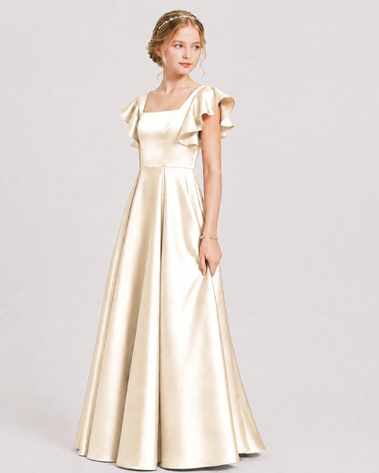 Dideyttawl Sage Green Junior Bridesmaid Satin Dress Ruffle Sleeve Ball Gown