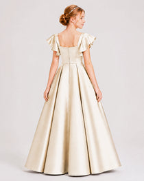 Dideyttawl Sage Green Junior Bridesmaid Satin Dress Ruffle Sleeve Ball Gown