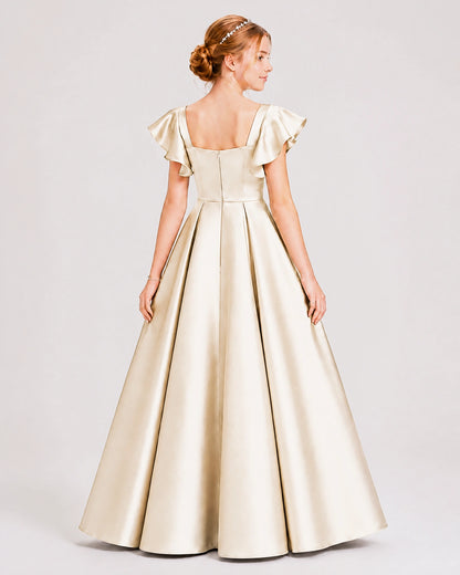 Dideyttawl Sage Green Junior Bridesmaid Satin Dress Ruffle Sleeve Ball Gown