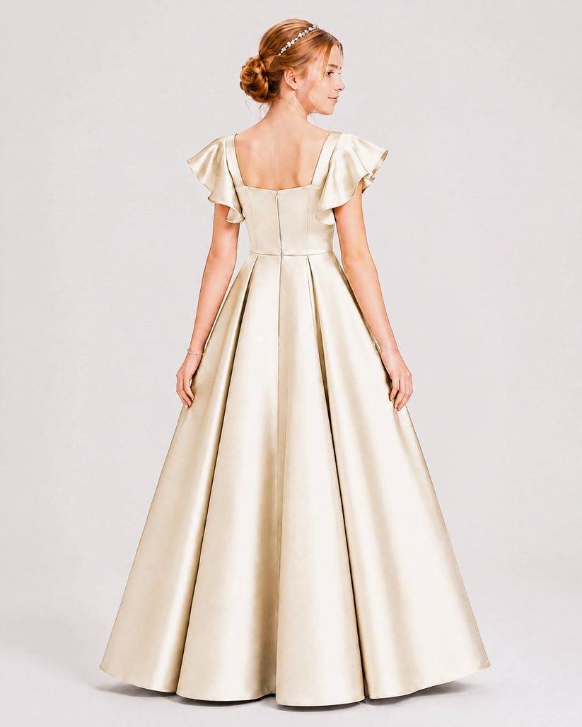 Champagne Satin A-line Junior Bridesmaid Dress Back View