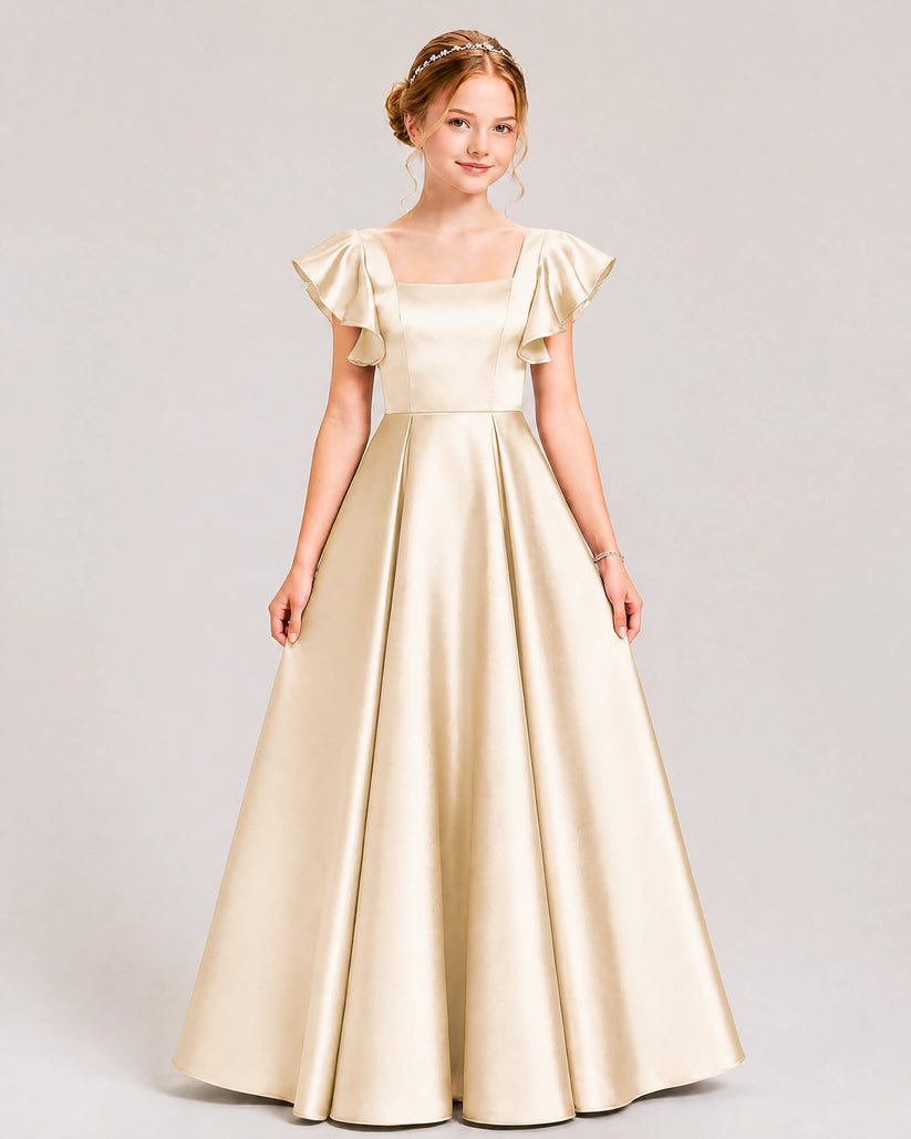 Champagne Satin A-line Junior Bridesmaid Dress Front View