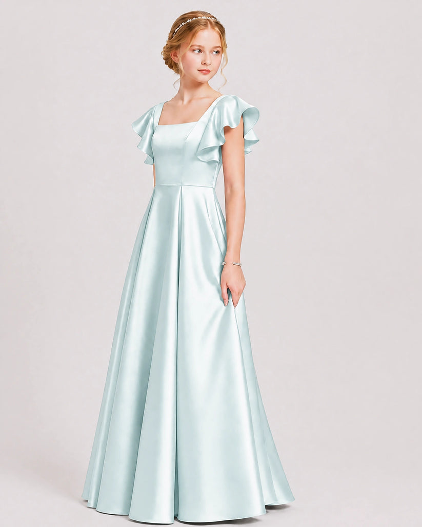 Sky Blue Satin A-line Junior Bridesmaid Dress Front View