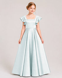 Dideyttawl Sage Green Junior Bridesmaid Satin Dress Ruffle Sleeve Ball Gown