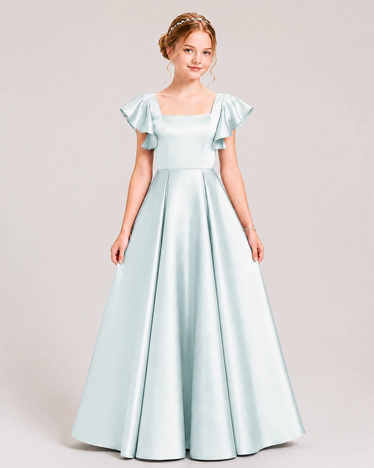Dideyttawl Sage Green Junior Bridesmaid Satin Dress Ruffle Sleeve Ball Gown