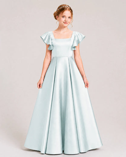 Dideyttawl Sage Green Junior Bridesmaid Satin Dress Ruffle Sleeve Ball Gown