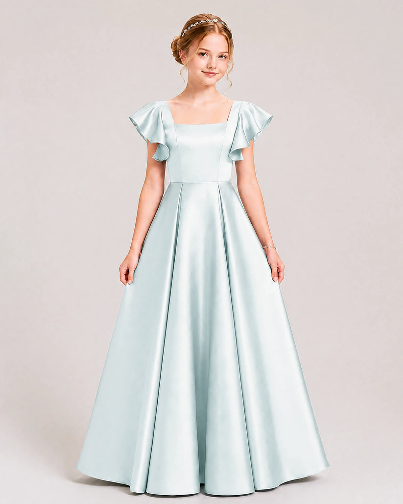 Sky Blue Satin A-line Junior Bridesmaid Dress Front View