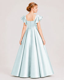Dideyttawl Sage Green Junior Bridesmaid Satin Dress Ruffle Sleeve Ball Gown