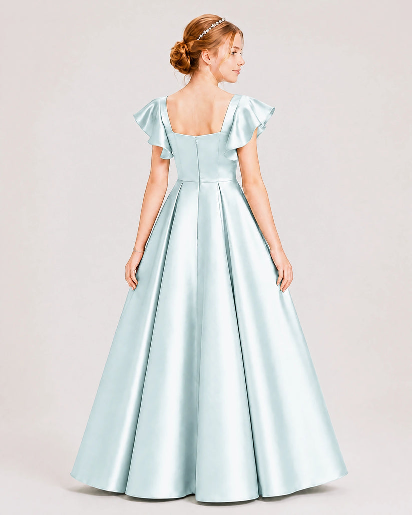 Sky Blue Satin A-line Junior Bridesmaid Dress Back View