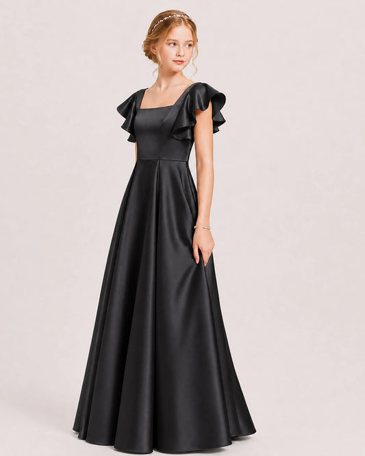 Black Satin A-line Junior Bridesmaid Dress Side View