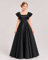Black Satin A-line Junior Bridesmaid Dress Front View