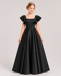 Dideyttawl Sage Green Junior Bridesmaid Satin Dress Ruffle Sleeve Ball Gown