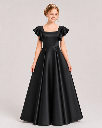 Dideyttawl Sage Green Junior Bridesmaid Satin Dress Ruffle Sleeve Ball Gown