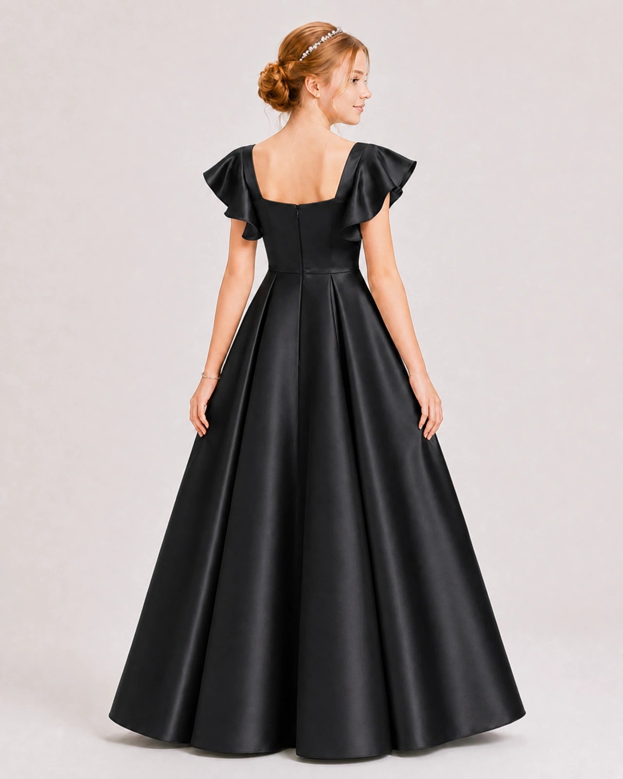 Dideyttawl Sage Green Junior Bridesmaid Satin Dress Ruffle Sleeve Ball Gown