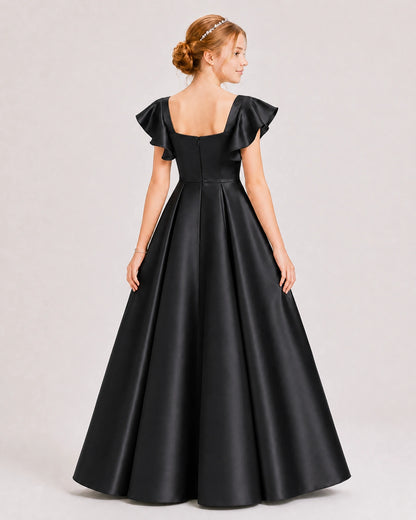 Dideyttawl Sage Green Junior Bridesmaid Satin Dress Ruffle Sleeve Ball Gown