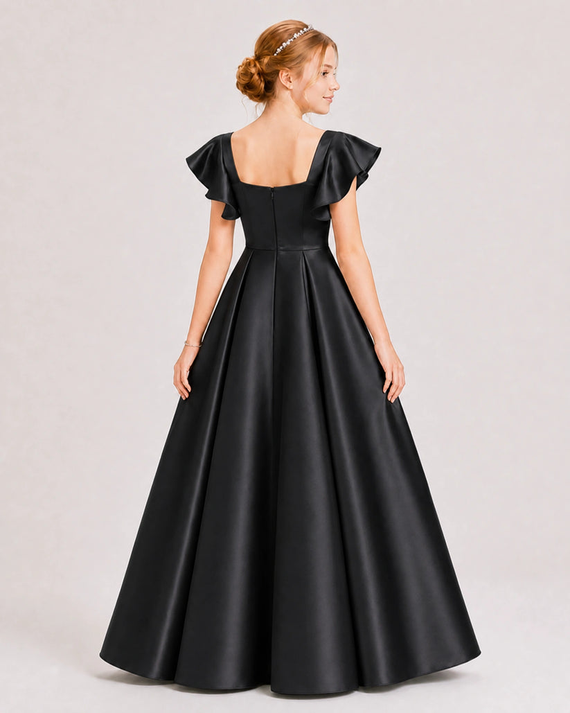 Black Satin A-line Junior Bridesmaid Dress Back View