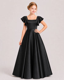 Dideyttawl Sage Green Junior Bridesmaid Satin Dress Ruffle Sleeve Ball Gown