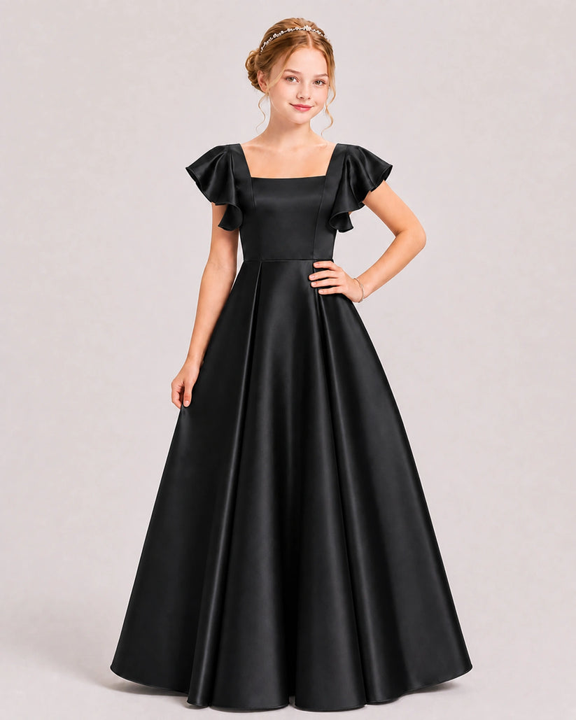 Black Satin A-line Junior Bridesmaid Dress Front View
