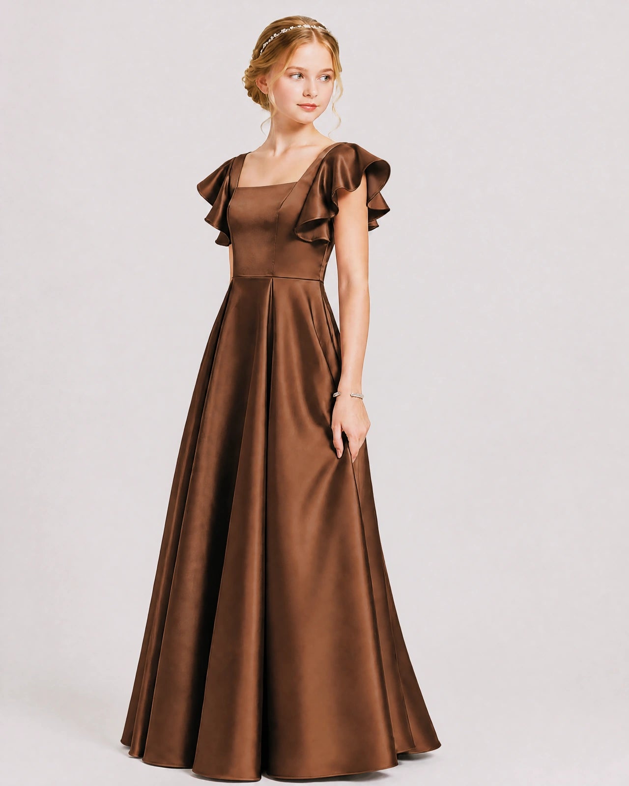 Dideyttawl Sage Green Junior Bridesmaid Satin Dress Ruffle Sleeve Ball Gown