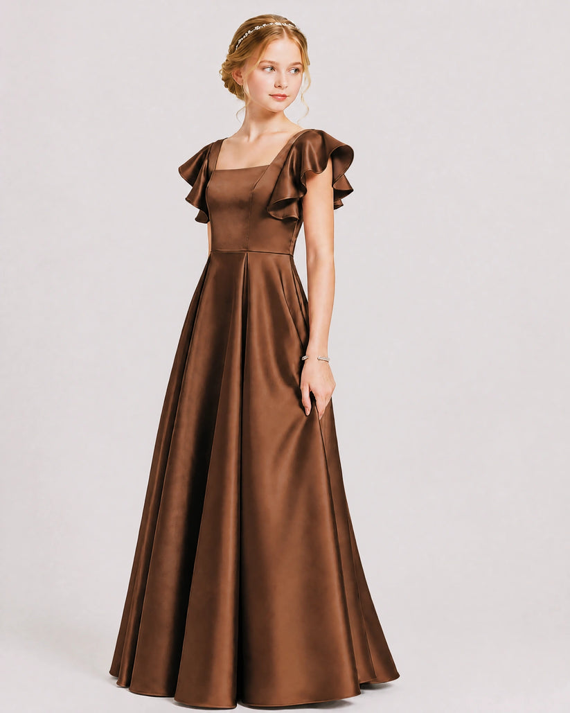 Brown Satin A-line Junior Bridesmaid Dress Front View