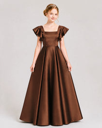 Dideyttawl Sage Green Junior Bridesmaid Satin Dress Ruffle Sleeve Ball Gown