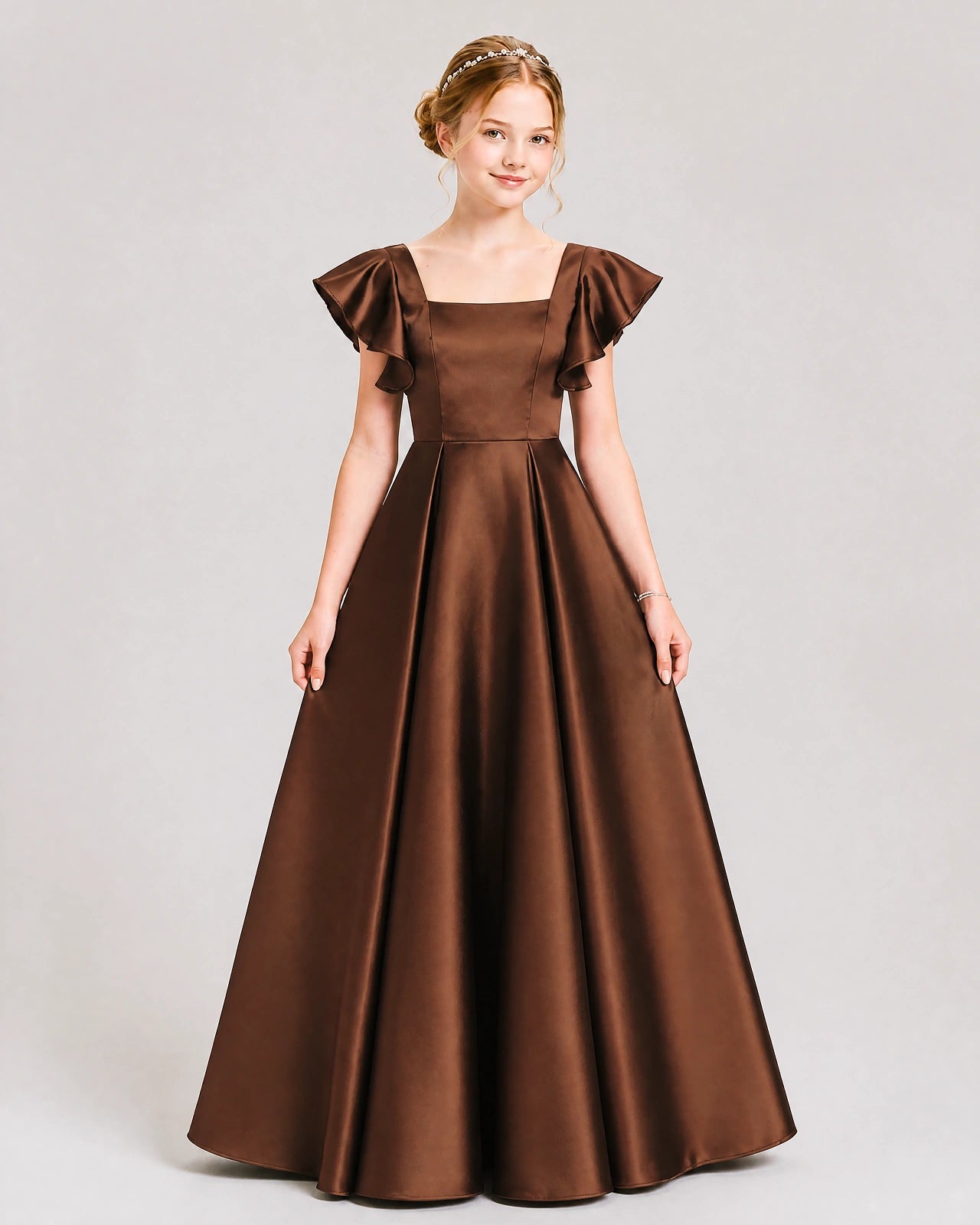 Dideyttawl Sage Green Junior Bridesmaid Satin Dress Ruffle Sleeve Ball Gown