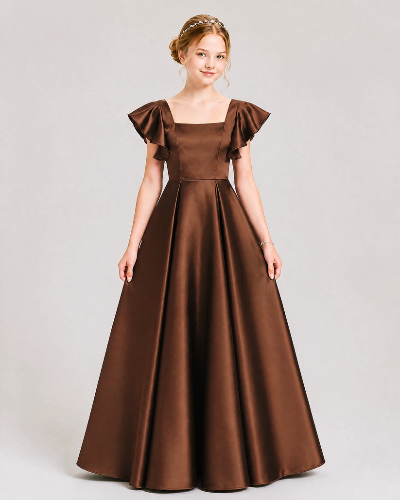 Brown Satin A-line Junior Bridesmaid Dress Front View