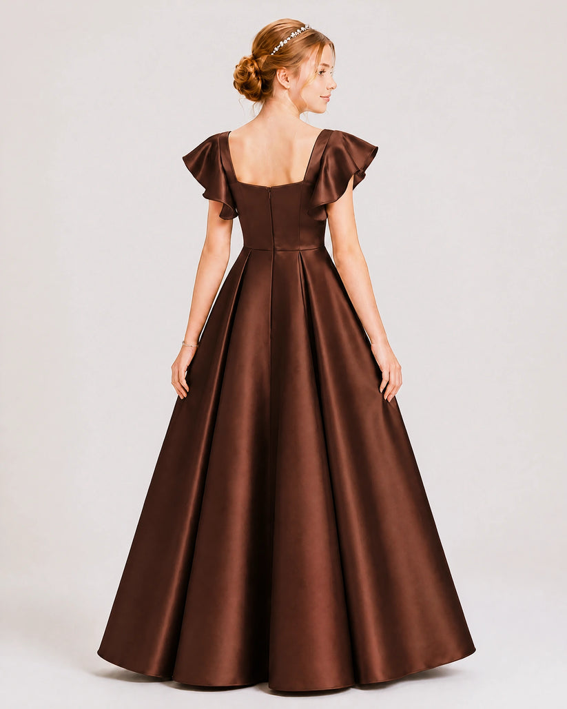Brown Satin A-line Junior Bridesmaid Dress Back View