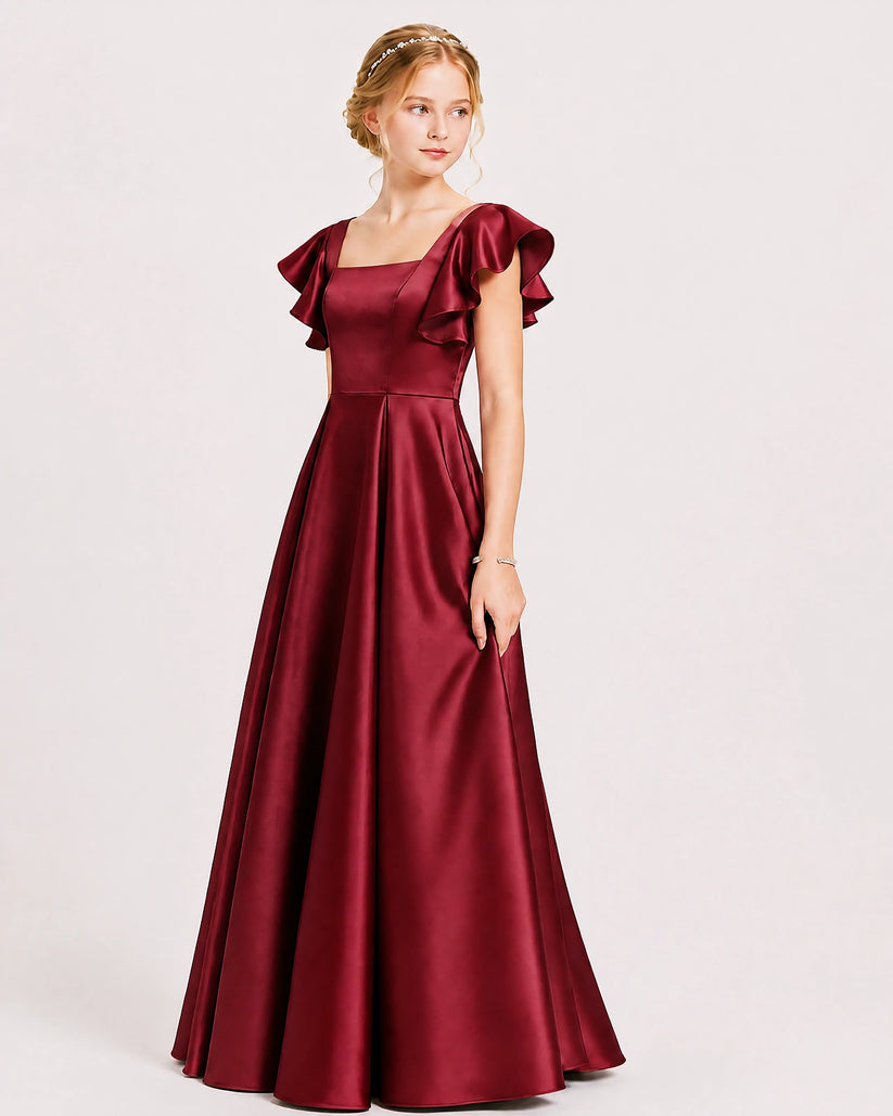 Burgundy Satin A-line Junior Bridesmaid Dress Front View