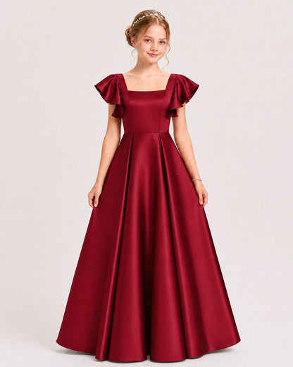 Dideyttawl Sage Green Junior Bridesmaid Satin Dress Ruffle Sleeve Ball Gown