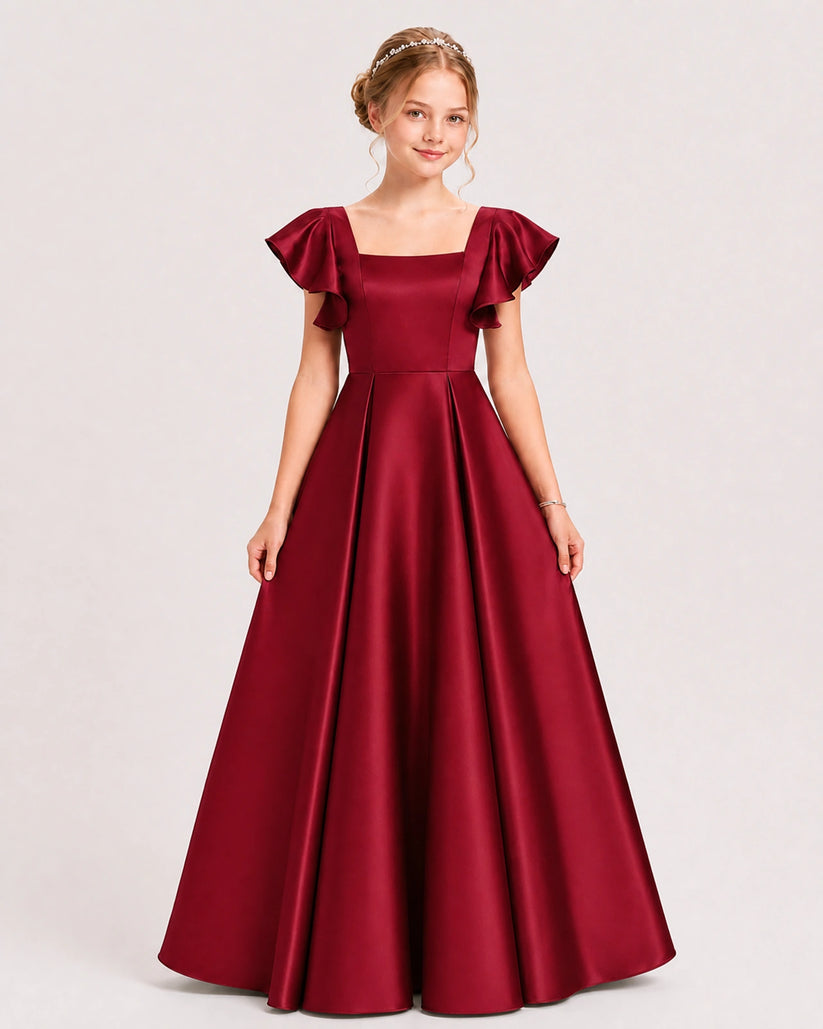 Burgundy Satin A-line Junior Bridesmaid Dress Front View