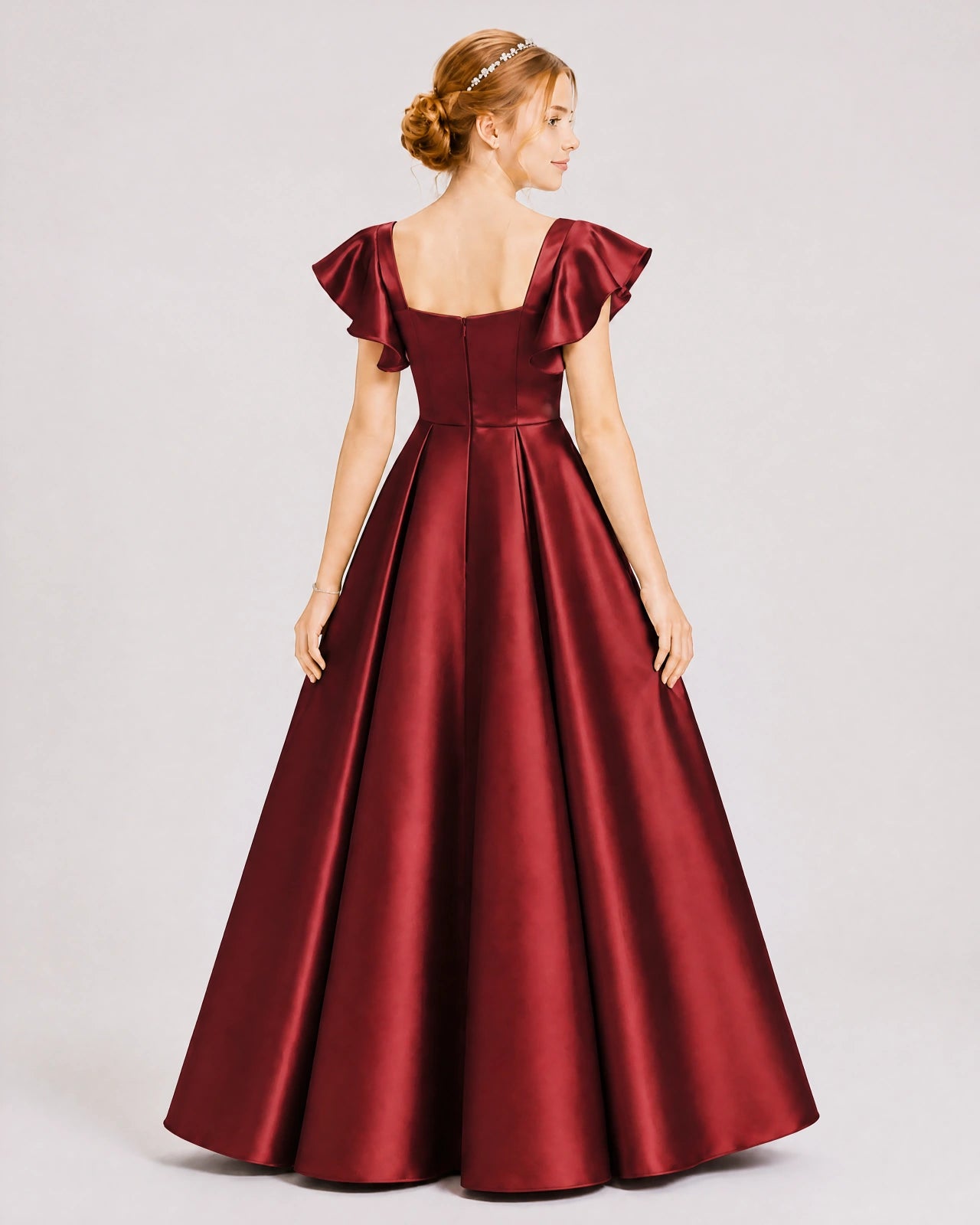Dideyttawl Sage Green Junior Bridesmaid Satin Dress Ruffle Sleeve Ball Gown