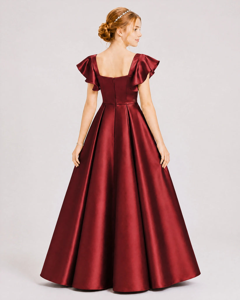 Burgundy Satin A-line Junior Bridesmaid Dress Back View