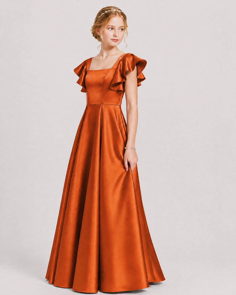 Burnt Orange Satin A-line Junior Bridesmaid Dress Front View
