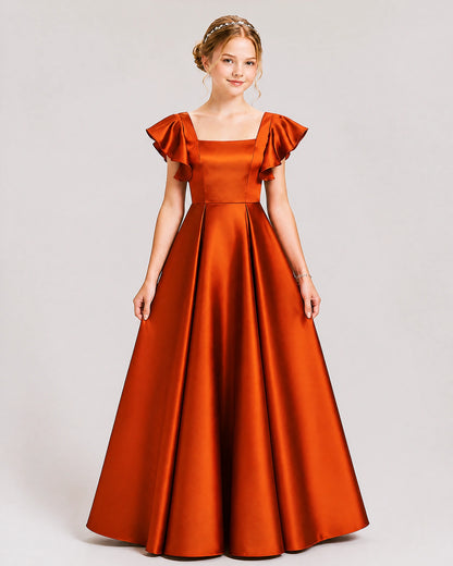 Dideyttawl Sage Green Junior Bridesmaid Satin Dress Ruffle Sleeve Ball Gown