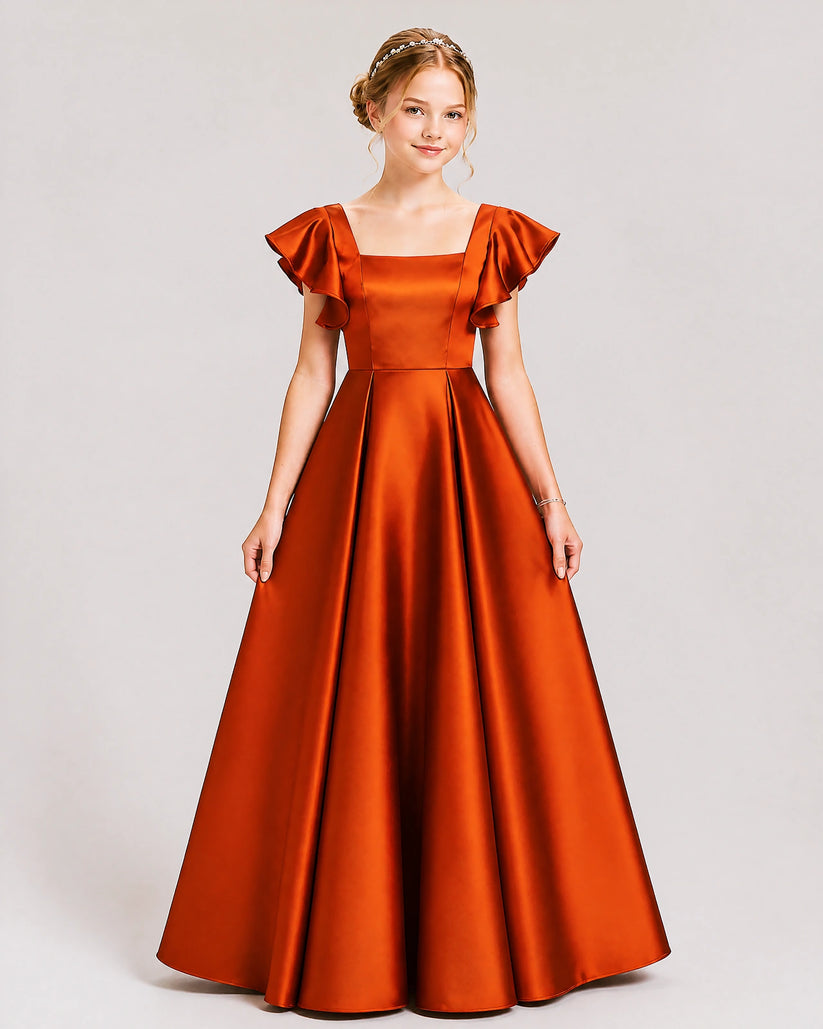 Burnt Orange Satin A-line Junior Bridesmaid Dress Front View